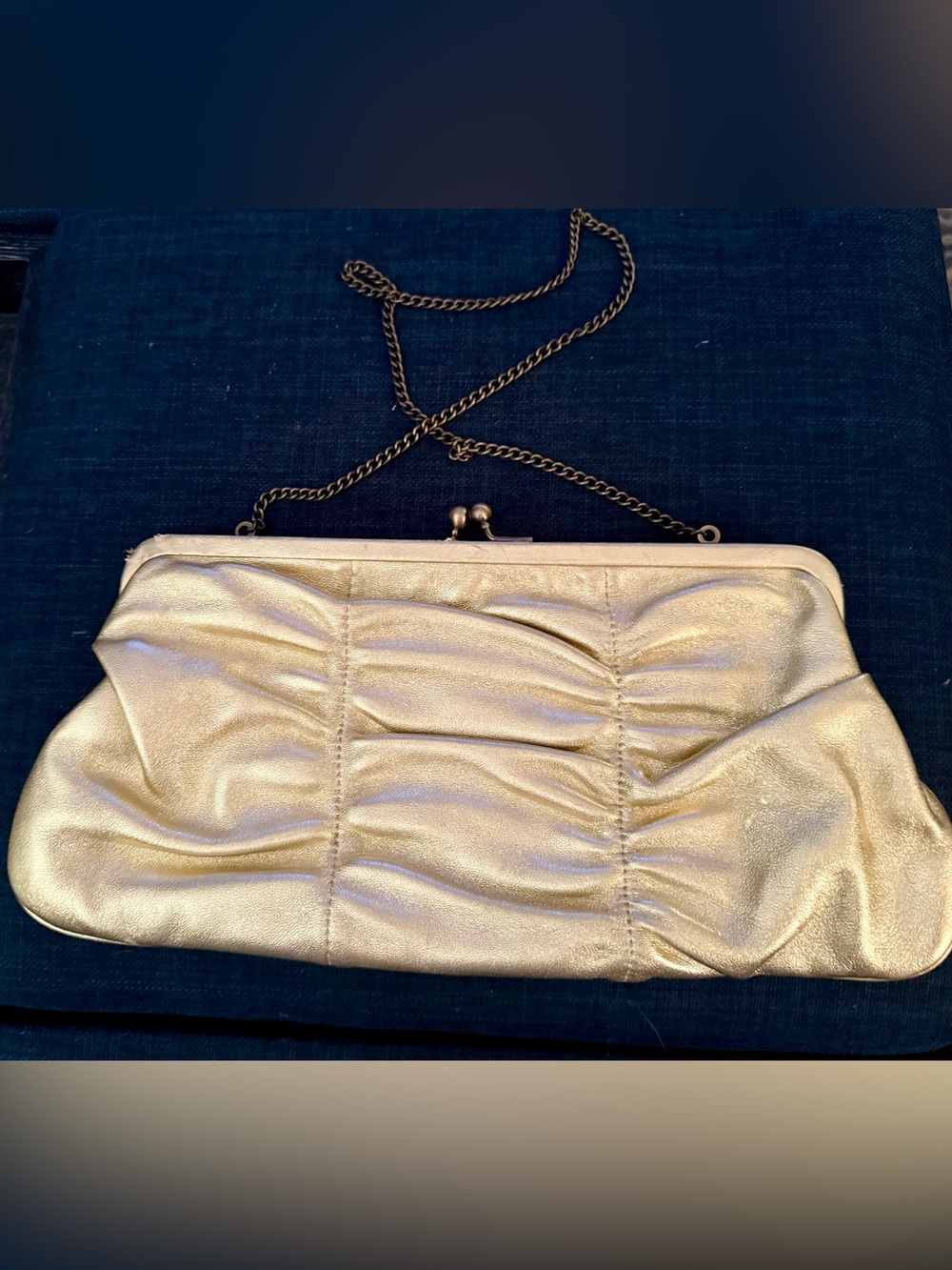 HOBO Gold Metallic Leather Ruched Frame Clutch with Tuckable Chain Strap